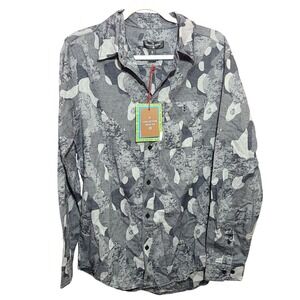 Houston White Mens Long Sleeve Button Down Shirt Grey Abstract Camo Print Small